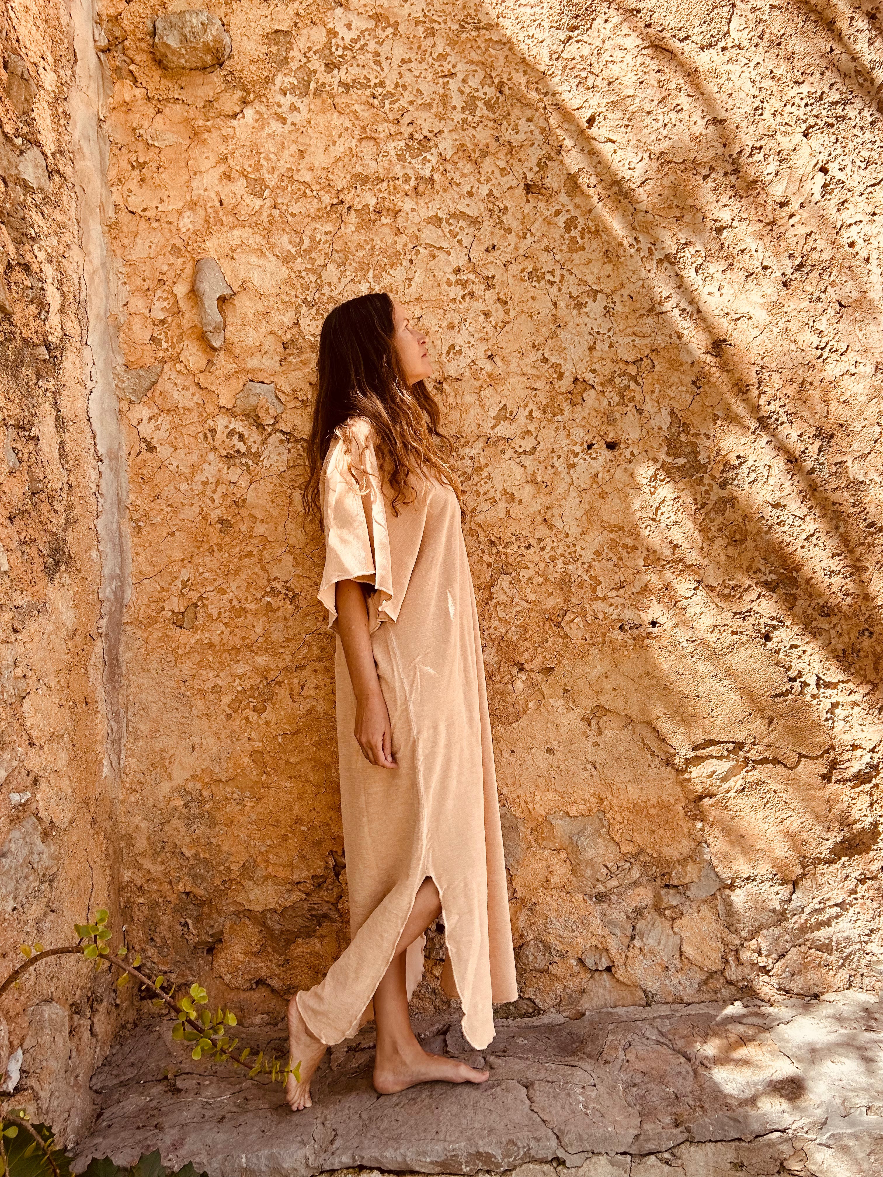 Terry cotton kaftan in Pale blush inclusive matching tote bag