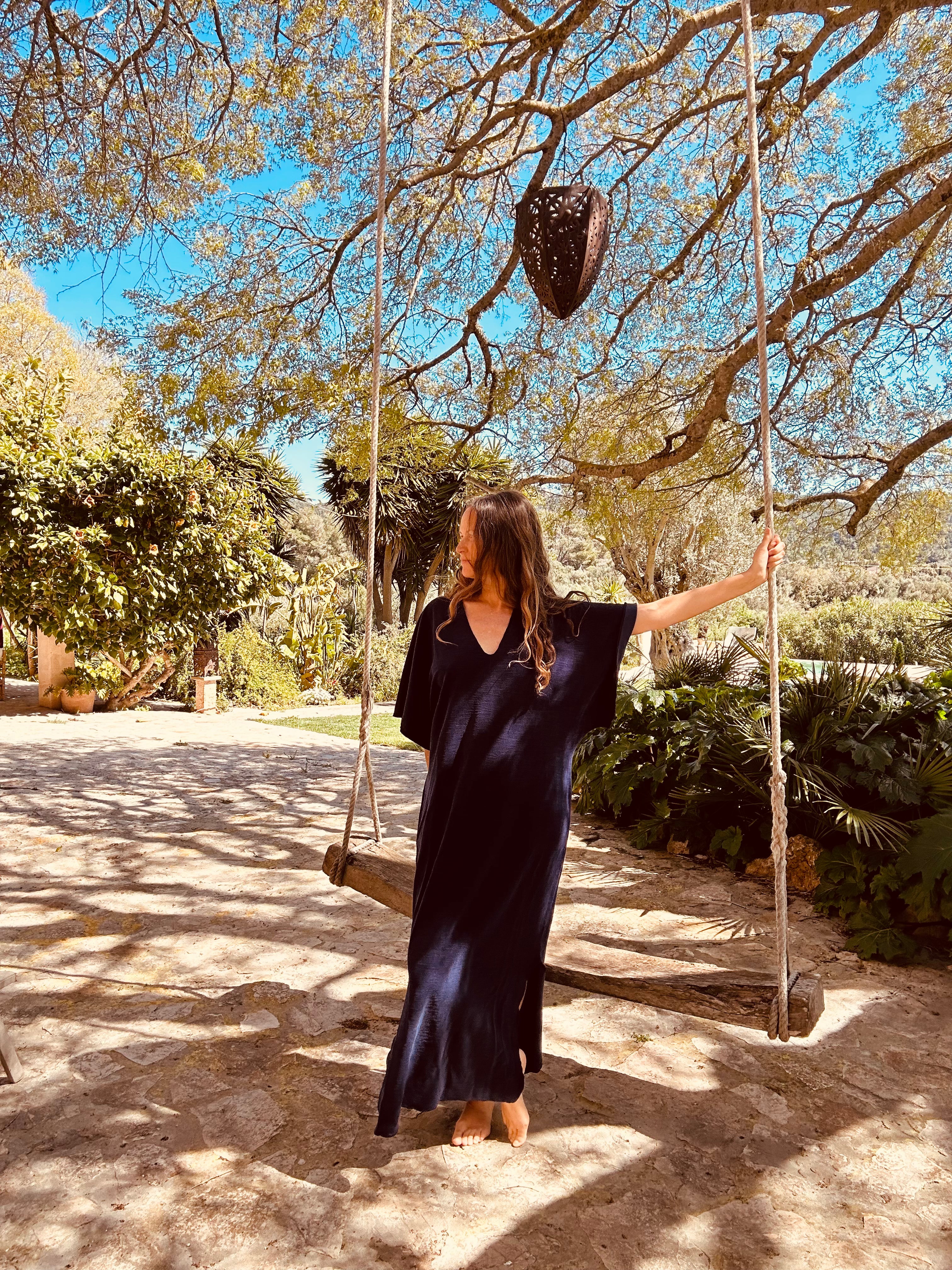 Kaftan dress,  night blue with matching tote bag